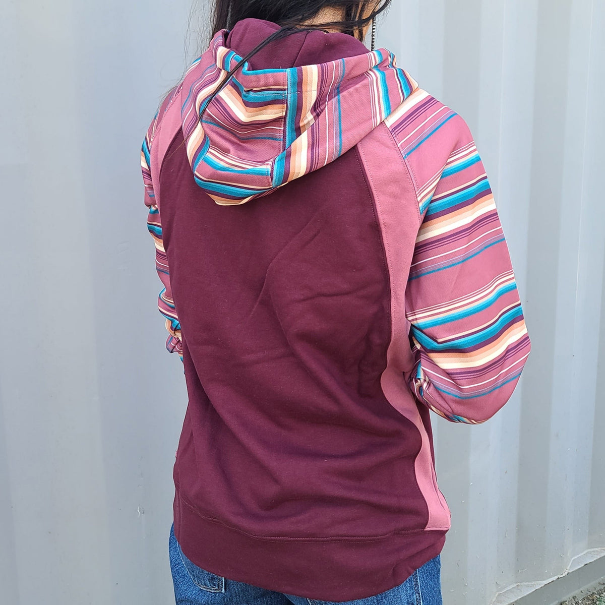 Hooey Ladies Maroon Hoodie-Multi Stripe Sleeves/Hood/Pocket