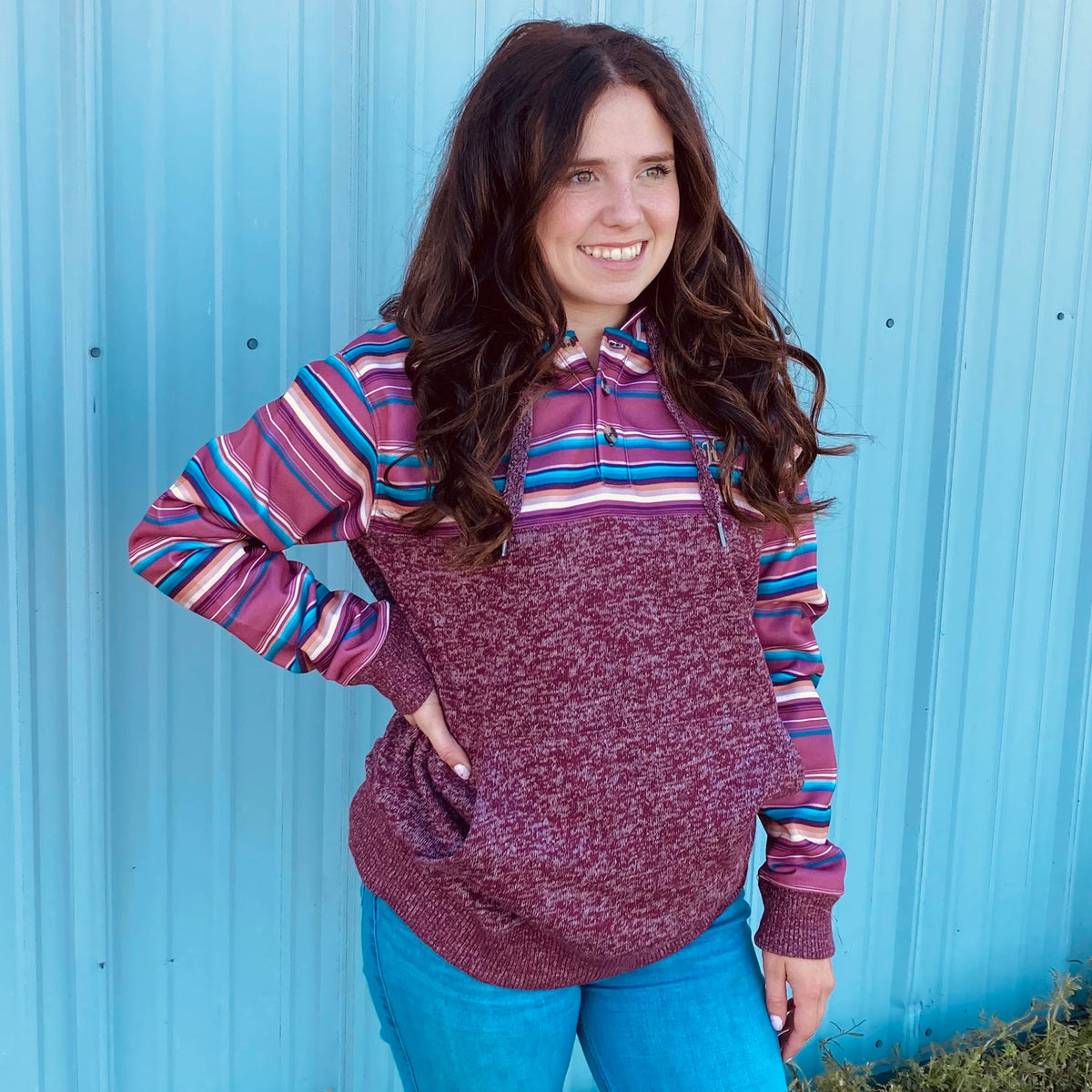 Hooey Woman's Maroon Multi Stripe Hoodie