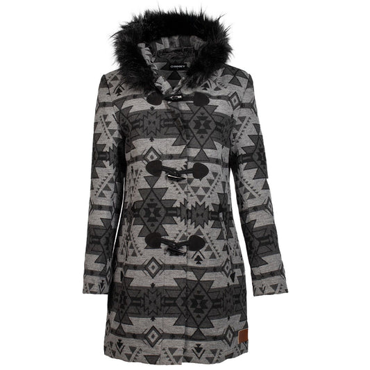  Hooey Ladies Long Coat With Faux Fur Hood-Charcoal Aztec