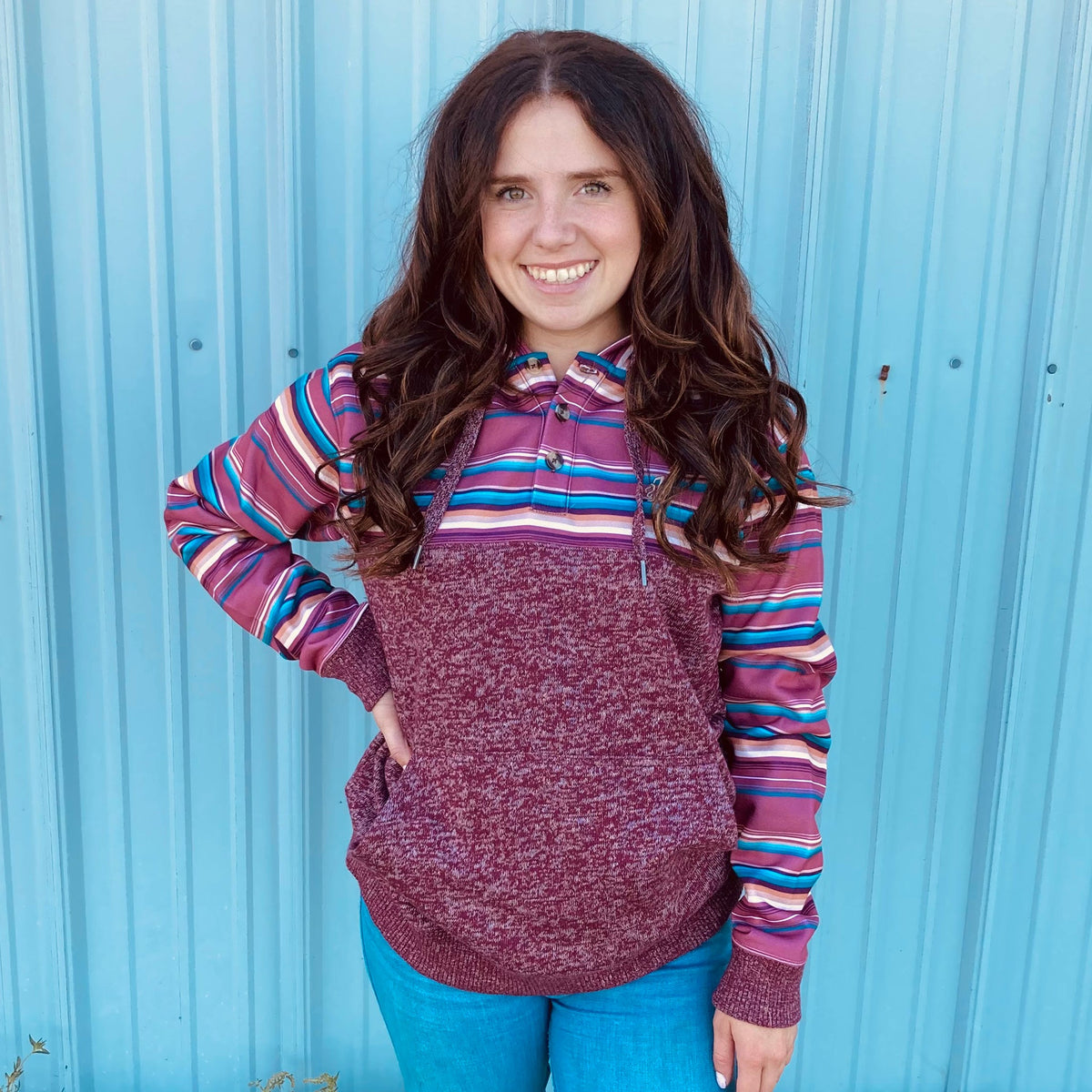  Hooey Woman's Maroon Multi Stripe Hoodie