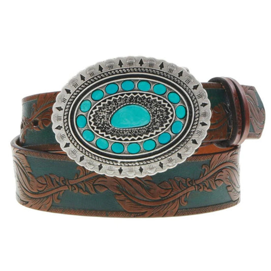 HOOey Tooled Brown And Turquoise Belt