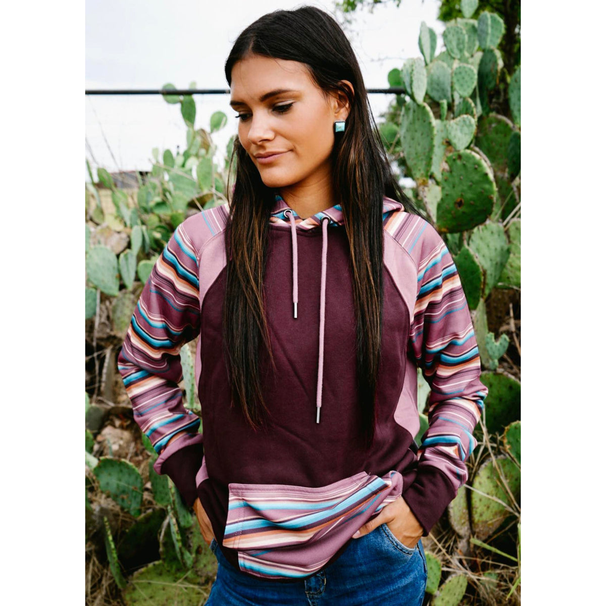  Hooey Ladies Maroon Hoodie-Multi Stripe Sleeves/Hood/Pocket